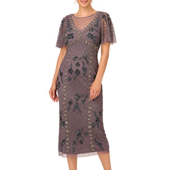 ADRIANNA PAPELL Petite Beaded Flutter-Sleeve Column Gown - Picture 1 of 6